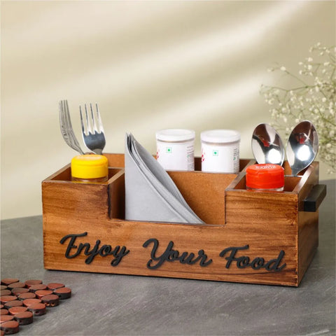 Dudki Enjoy Your Food 6 Compartment Modern Wooden Cutlery Holder/Caddy