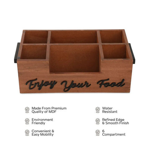 Dudki Enjoy Your Food 6 Compartment Modern Wooden Cutlery Holder/Caddy