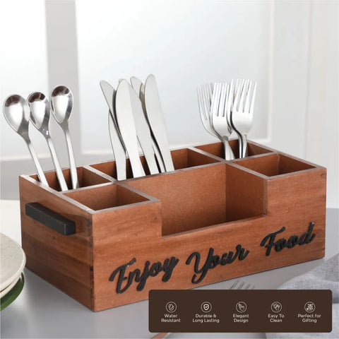 Dudki Enjoy Your Food 6 Compartment Modern Wooden Cutlery Holder/Caddy