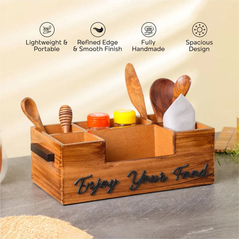 Dudki Enjoy Your Food 6 Compartment Modern Wooden Cutlery Holder/Caddy