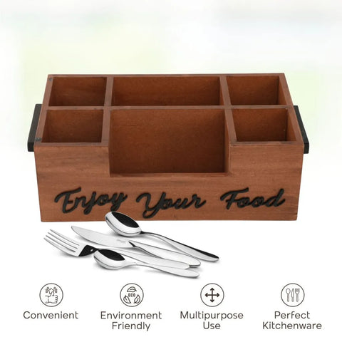 Dudki Enjoy Your Food 6 Compartment Modern Wooden Cutlery Holder/Caddy