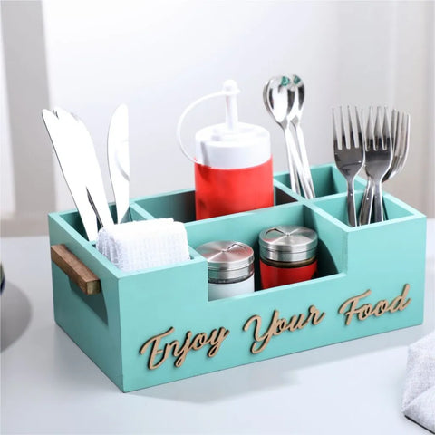 Dudki Enjoy Your Food 6 Compartment Modern Wooden Cutlery Holder/Caddy