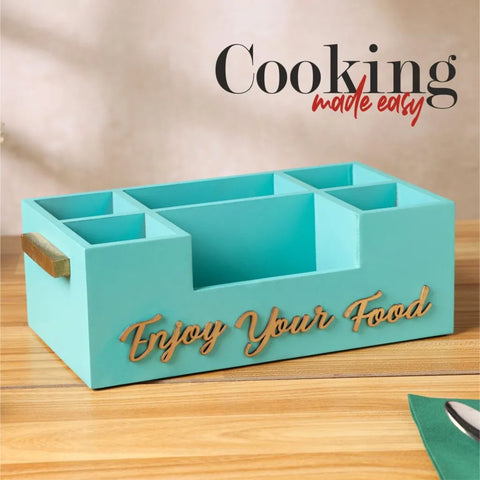 Dudki Enjoy Your Food 6 Compartment Modern Wooden Cutlery Holder/Caddy