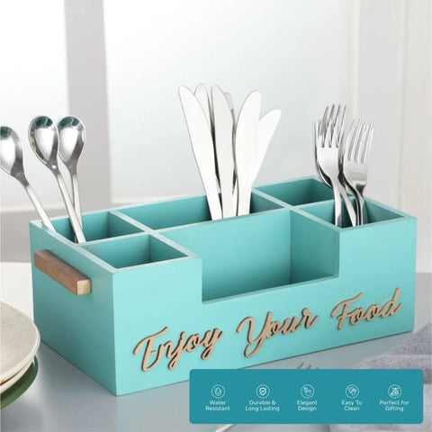 Dudki Enjoy Your Food 6 Compartment Modern Wooden Cutlery Holder/Caddy