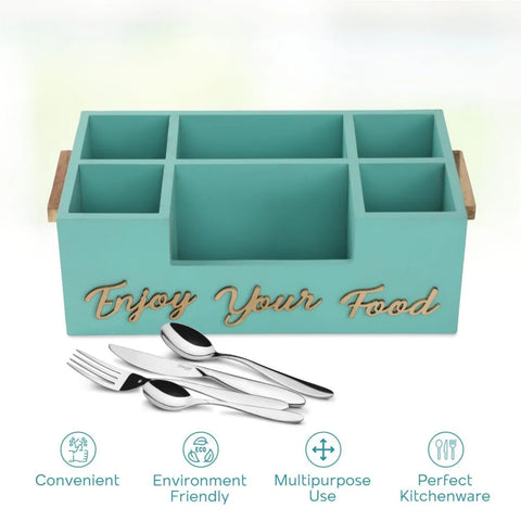 Dudki Enjoy Your Food 6 Compartment Modern Wooden Cutlery Holder/Caddy