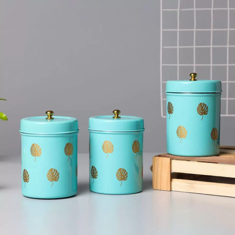 Dudki Stainless Steel Golden Leaves Round Canister Pack Of 3 Aqua