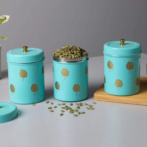 Dudki Stainless Steel Golden Leaves Round Canister Pack Of 3 Aqua