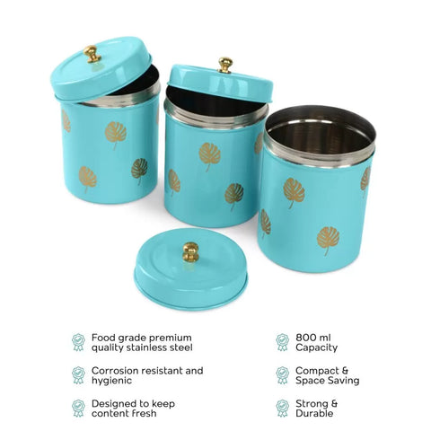 Dudki Stainless Steel Golden Leaves Round Canister Pack Of 3 Aqua