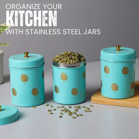 Dudki Stainless Steel Golden Leaves Round Canister Pack Of 3 Aqua