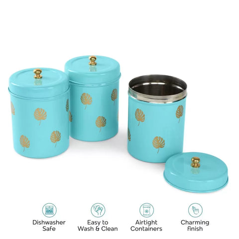 Dudki Stainless Steel Golden Leaves Round Canister Pack Of 3 Aqua