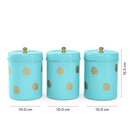 Dudki Stainless Steel Golden Leaves Round Canister Pack Of 3 Aqua