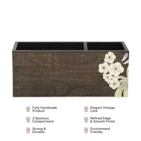 Dudki Wooden Floral 2 Compartment Desk Organizer