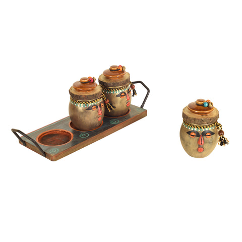 Dudki Happy Tribals Storage Jars & Handcrafted Tray S04