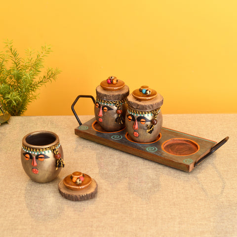 Dudki Happy Tribals Storage Jars & Handcrafted Tray S04