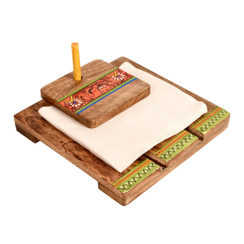 Dudki Wooden Tissue Holder with Tribal Art