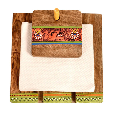 Dudki Wooden Tissue Holder with Tribal Art