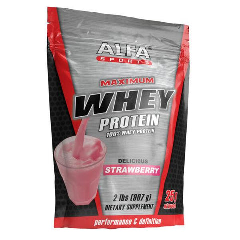 Alfa Sports Maximum 100% Whey Protein Powder, 25g Protein for Performance & Definition - Strawberry Flavor - 2 Pounds (907g) Bag - Life of Riley Supplements Trading LLC