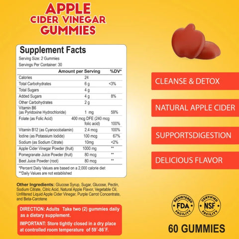 Apple Cider Vinegar Gummies with Vitamin B12 - 60 Gummies - Life of Riley Supplements Trading LLC