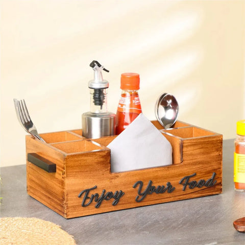 Dudki Enjoy Your Food 6 Compartment Modern Wooden Cutlery Holder/Caddy