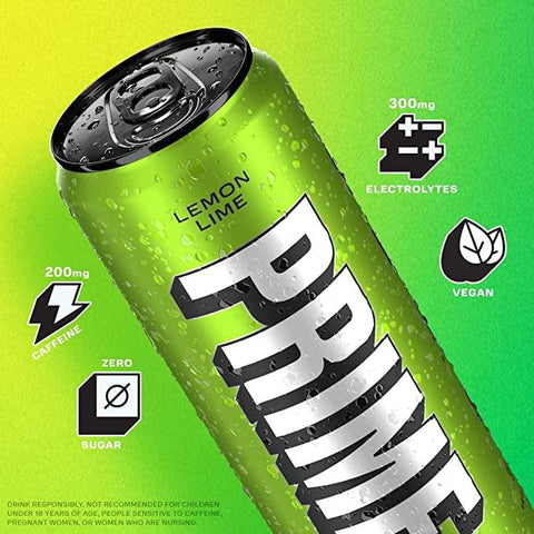 Prime Energy Drink "Lemon Lime," Naturally Flavored, 200mg Caffeine, Zero Sugar, 300mg Electrolytes, Vegan, 12 Fl Oz per Can - Life of Riley Supplements Trading LLC