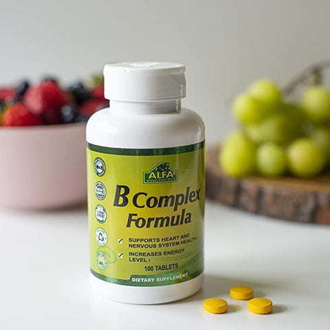 ALFA VITAMINS B Complex Formula - Daily Nutritional Supplement - Vitamins B1 - B2 - B3 - B5 - B6 - B7 - B9 - B12 -for a Healthier Heart and Nervous System, and Natural Energy Increase - 100 Tablets