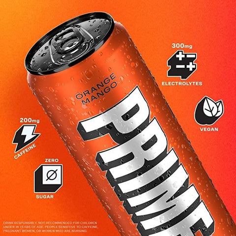 Prime Energy Drink "Orange Mango," Naturally Flavored, 200mg Caffeine, Zero Sugar, 300mg Electrolytes, Vegan, 12 Fl Oz per Can - Life of Riley Supplements Trading LLC